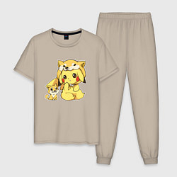 Пижама хлопковая мужская Пикачу с собачкой, цвет: миндальный