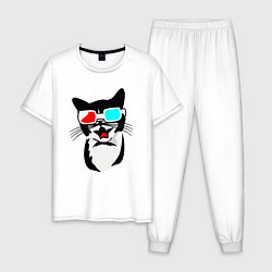 Пижама хлопковая мужская 3D Cat, цвет: белый