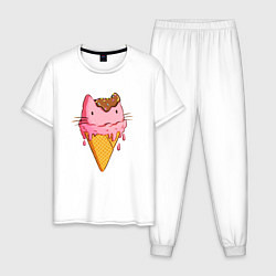 Пижама хлопковая мужская Cat Ice Cream, цвет: белый