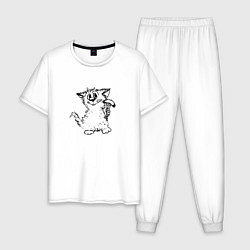 Пижама хлопковая мужская Котенок с вилкой и сосиской, цвет: белый