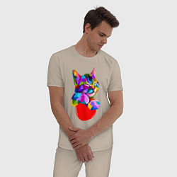 Пижама хлопковая мужская РАДУЖНЫЙ КОТИК RAINBOW KITTY, цвет: миндальный — фото 2