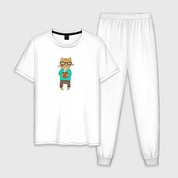 Пижама хлопковая мужская Кот с кружкой, цвет: белый