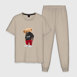 Пижама хлопковая мужская Крутой медвежонок в спортивках, цвет: миндальный