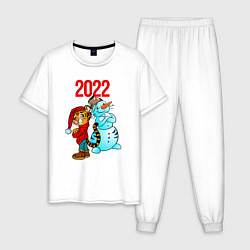 Пижама хлопковая мужская Тигр и снеговик 2022, цвет: белый