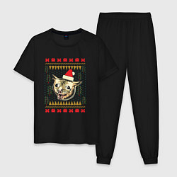 Пижама хлопковая мужская Рождественский свитер кашляющий кот, цвет: черный