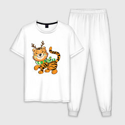 Пижама хлопковая мужская Тигренок - новогодний олень, цвет: белый