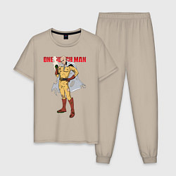 Пижама хлопковая мужская Сайтама в ободранном костюме One Punch-Man, цвет: миндальный