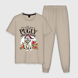 Пижама хлопковая мужская Pugly Christmas, цвет: миндальный