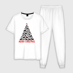 Пижама хлопковая мужская Новогодняя елка с силуэтами собак, цвет: белый