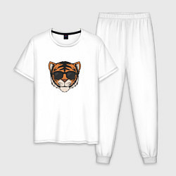 Пижама хлопковая мужская Тигр в очках голова, цвет: белый
