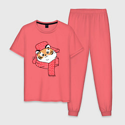 Пижама хлопковая мужская Тигр в шапке, цвет: коралловый