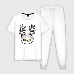 Пижама хлопковая мужская Кот - олень, цвет: белый