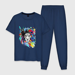 Пижама хлопковая мужская Лев в цветах и перьях, цвет: тёмно-синий