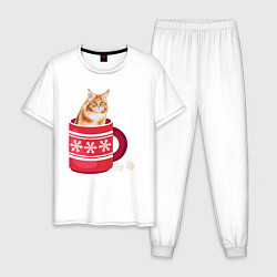 Пижама хлопковая мужская Кошка сидит в новогодней кружке, цвет: белый