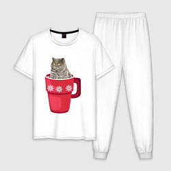 Пижама хлопковая мужская Удивленный кот в кружке, цвет: белый