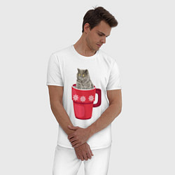 Пижама хлопковая мужская Удивленный кот в кружке, цвет: белый — фото 2