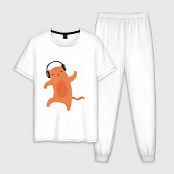 Пижама хлопковая мужская Котик в наушниках 2022, цвет: белый