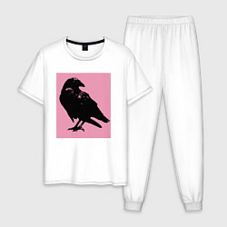 Пижама хлопковая мужская Ворона на розовом, цвет: белый