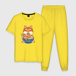 Пижама хлопковая мужская Shiba Inu Eating Ramen, цвет: желтый