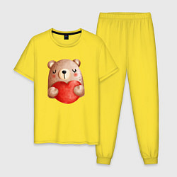 Пижама хлопковая мужская Мишка с сердечком с валентинкой, цвет: желтый