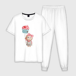 Пижама хлопковая мужская Мишка с воздушным пирожным, цвет: белый