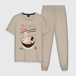 Пижама хлопковая мужская Японский стиль рамен, цвет: миндальный