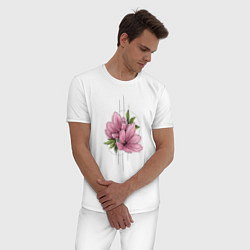 Пижама хлопковая мужская Акварельный розовой цветок, цвет: белый — фото 2