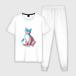 Пижама хлопковая мужская Нежная кошка, цвет: белый