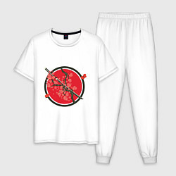 Пижама хлопковая мужская Японский меч, катана и ветви с красными цветами, цвет: белый