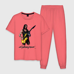 Пижама хлопковая мужская Cyberpunk 2077 Johnny гитарист, цвет: коралловый
