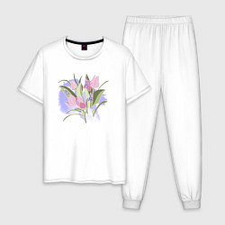 Пижама хлопковая мужская Нежные весенние тюльпаны, цвет: белый