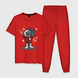 Пижама хлопковая мужская Космонавт с магнитофоном, цвет: красный
