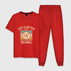 Пижама хлопковая мужская Волейбол - Жизнь, цвет: красный