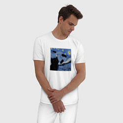 Пижама хлопковая мужская Звездная Ночь Ван Гога с Котиками, цвет: белый — фото 2