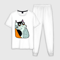 Пижама хлопковая мужская Абстрактный котик, цвет: белый