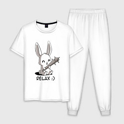 Пижама хлопковая мужская Милый зайчик с дубинкой, цвет: белый