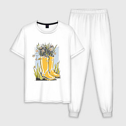 Пижама хлопковая мужская Цветы в резиновых сапогах Дачная эстетика, цвет: белый