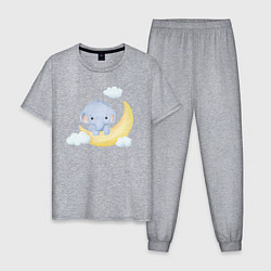 Пижама хлопковая мужская Милый Слонёнок На Месяце С Облаками, цвет: меланж