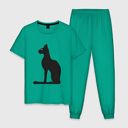 Пижама хлопковая мужская Силуэт черной кошки, Египетская богиня Бастет, цвет: зеленый
