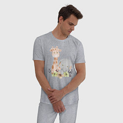Пижама хлопковая мужская Милый Жирафик и Слонёнок Сидят Среди Цветов, цвет: меланж — фото 2