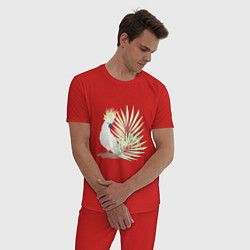 Пижама хлопковая мужская Белый попугай с хохолком на фоне листьев пальмы, цвет: красный — фото 2