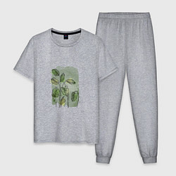 Пижама хлопковая мужская Нежные листья на акварельном фоне, цвет: меланж