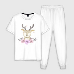 Пижама хлопковая мужская Милый Оленёнок С Цветочками, цвет: белый