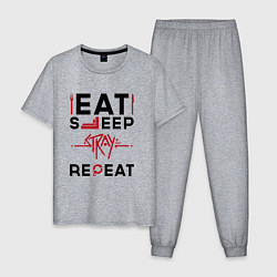 Пижама хлопковая мужская Надпись: Eat Sleep Stray Repeat, цвет: меланж