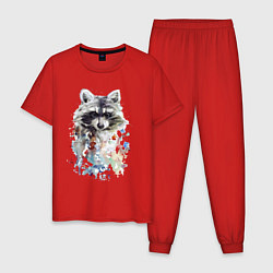 Пижама хлопковая мужская Мордочка енота - акварель, цвет: красный