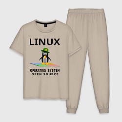 Пижама хлопковая мужская Пингвин линукс, цвет: миндальный
