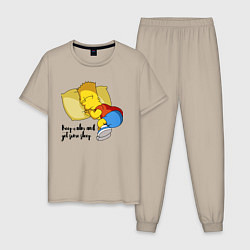 Пижама хлопковая мужская Успокойся и немного поспи - Барт Симпсон, цвет: миндальный