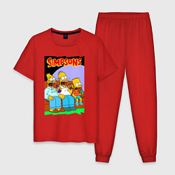 Пижама хлопковая мужская Симпсоны мужики пялятся в ящик, цвет: красный