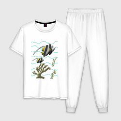 Пижама хлопковая мужская Морская тематика Рыбки Морские обитатели Коралл,во, цвет: белый