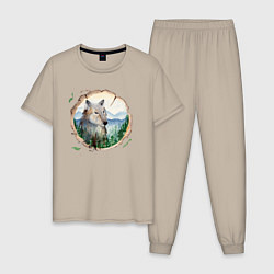 Пижама хлопковая мужская Рисунок на бревне - волк, цвет: миндальный
